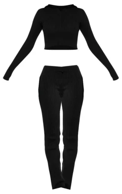 Black Rib Knit Zip Up Long Sleeve Co Ord