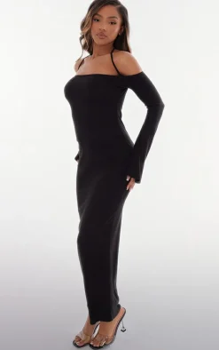 Black Rib Long Sleeve Square Neck Split Leg Maxi Dress