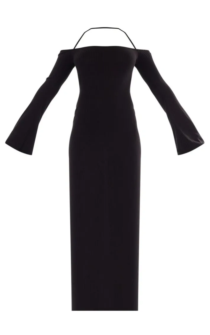 Black Rib Long Sleeve Square Neck Split Leg Maxi Dress