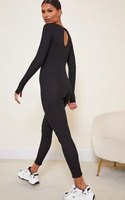 Black Rib Long Sleeve Thumb Hole Jumpsuit