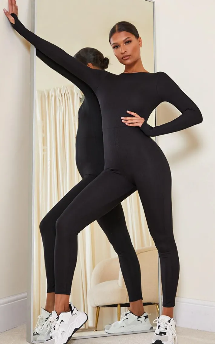 Black Rib Long Sleeve Thumb Hole Jumpsuit