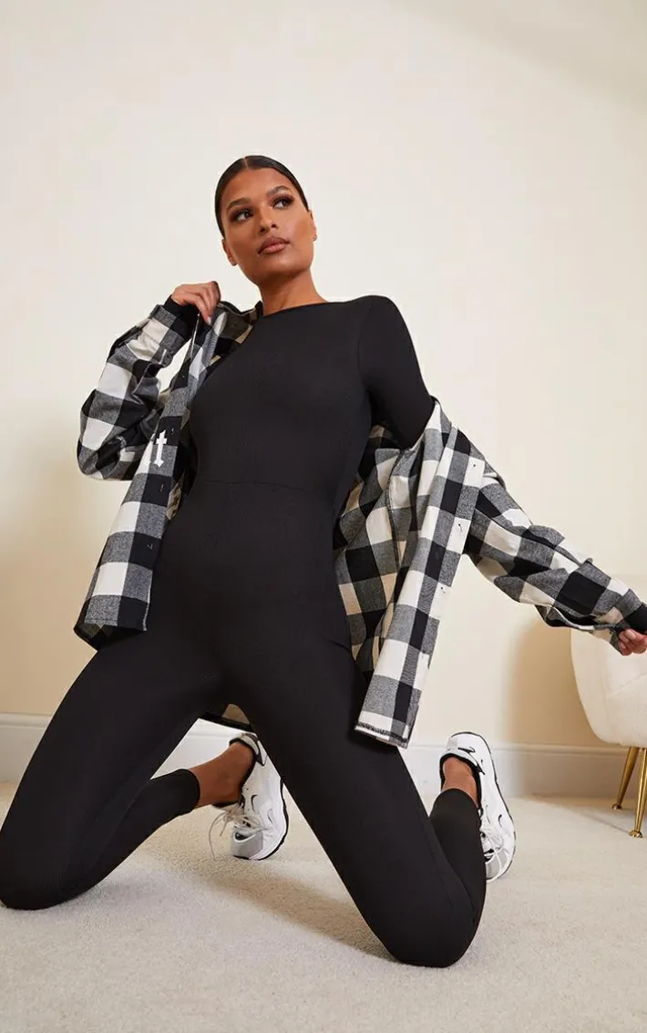 Black Rib Long Sleeve Thumb Hole Jumpsuit