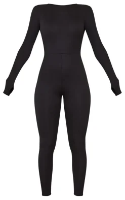Black Rib Long Sleeve Thumb Hole Jumpsuit