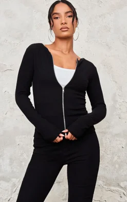 Black Rib Longline Zip Up Top