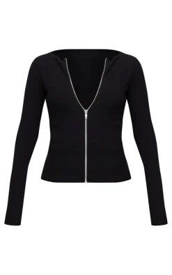 Black Rib Longline Zip Up Top