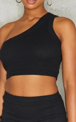 Black Rib One Shoulder Strappy Crop Top