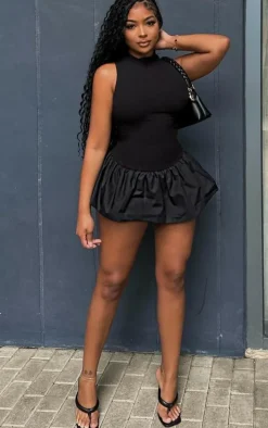 Black Rib Puff Ball Hem Bodycon Dress