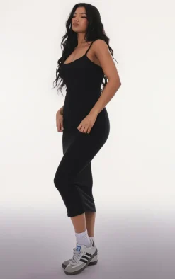 Black Rib Scoop Neck Strappy Midaxi Dress