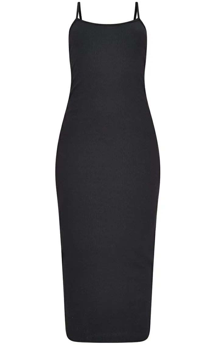Black Rib Scoop Neck Strappy Midaxi Dress