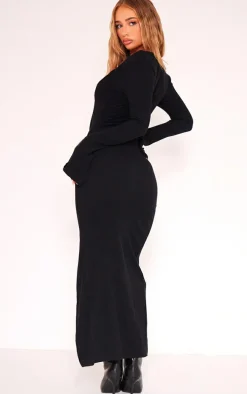 Black Rib Seam Detail Flared Sleeve Maxi Dress