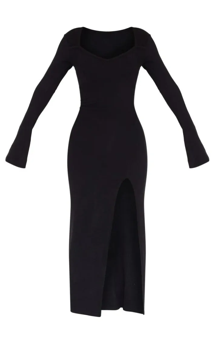 Black Rib Seam Detail Flared Sleeve Maxi Dress