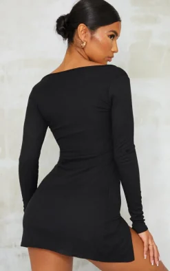 Black Rib Split Hem Square Neck Long Sleeve Bodycon Dress