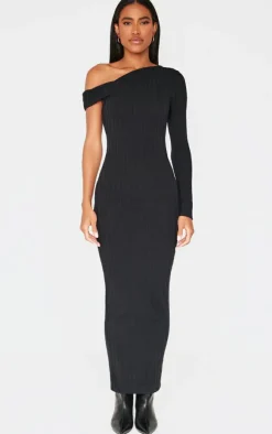 Black Ribbed Asymmetric Maxi Dress