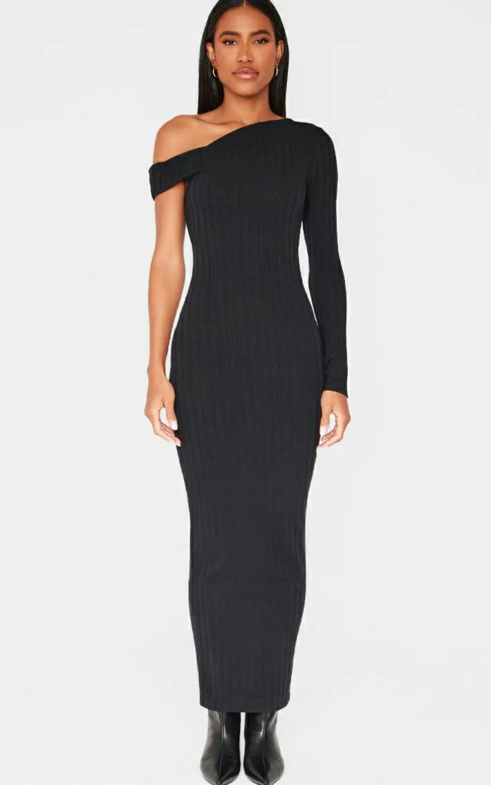 Black Ribbed Asymmetric Maxi Dress