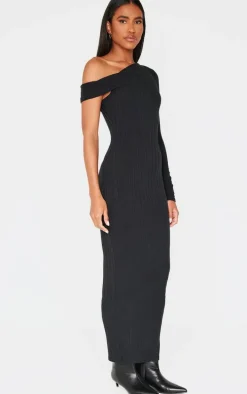 Black Ribbed Asymmetric Maxi Dress