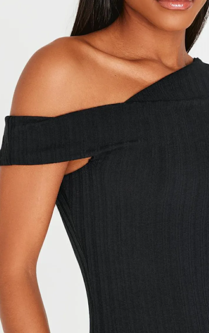 Black Ribbed Asymmetric Maxi Dress