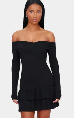 Black Ribbed Bardot Cross Over Bust Detail Shift Dress