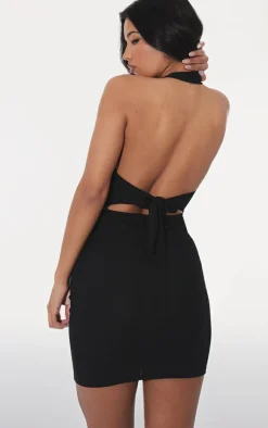 Black Ribbed Halterneck Tie Back Bodycon Dress