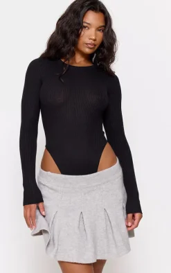 Black Ribbed Knit Long Sleeve Bodysuit