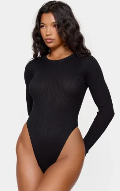 Black Ribbed Knit Long Sleeve Bodysuit