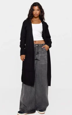 Black Ribbed Knitted Midi Cardigan