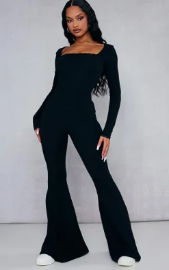 Black Ribbed Lace Trim Long Sleeve Flared Leg Jumpsuit