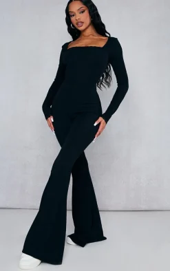 Black Ribbed Lace Trim Long Sleeve Flared Leg Jumpsuit