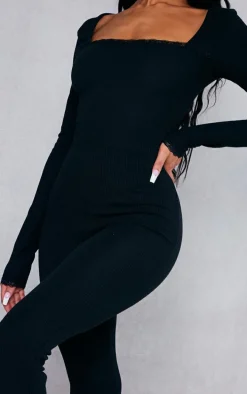 Black Ribbed Lace Trim Long Sleeve Flared Leg Jumpsuit