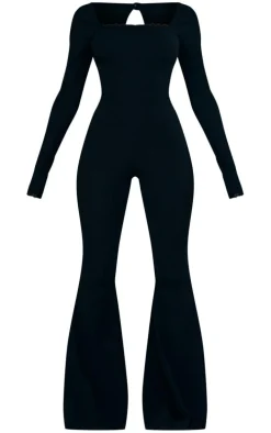 Black Ribbed Lace Trim Long Sleeve Flared Leg Jumpsuit