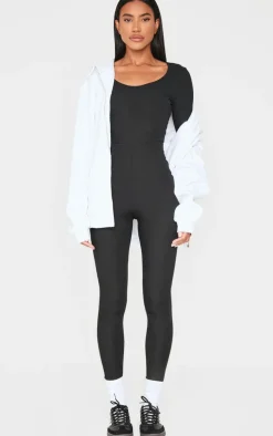 Black Ribbed Long Sleeve Scoop Neck Jumpsuit