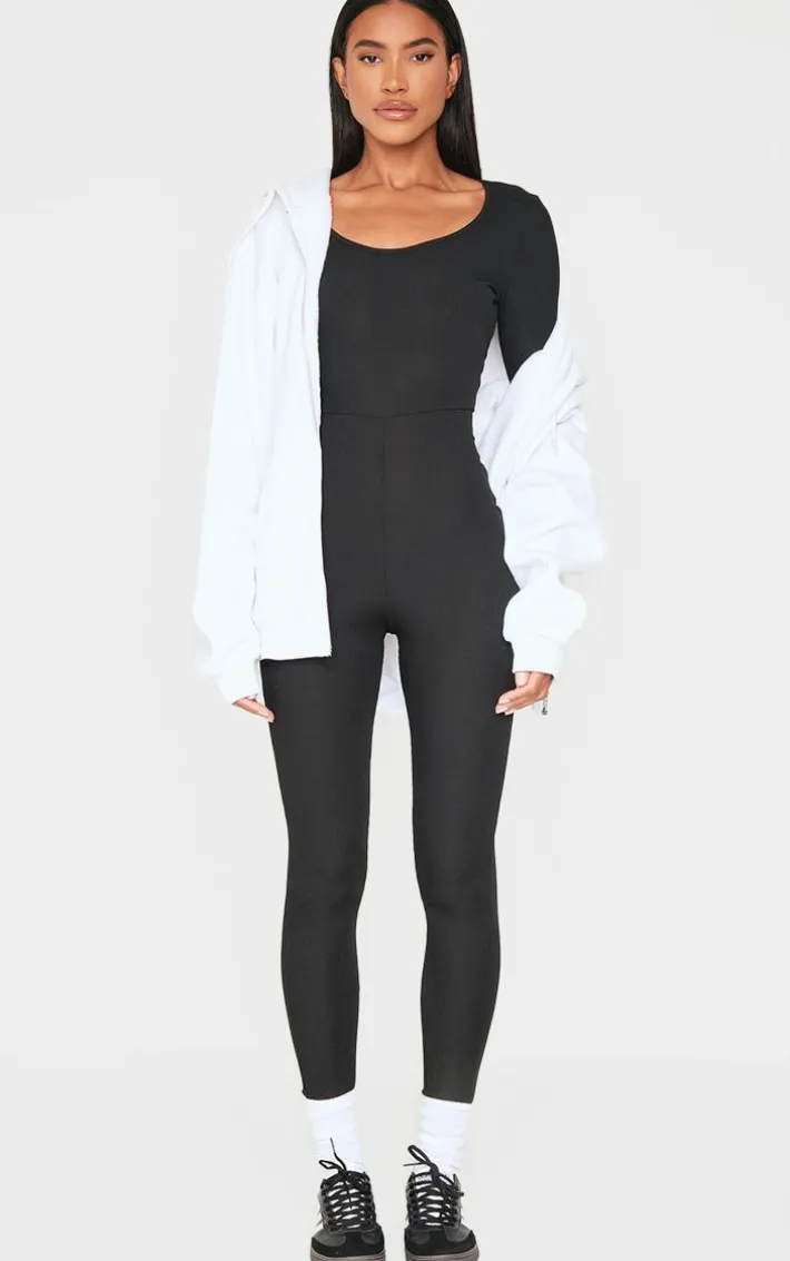 Black Ribbed Long Sleeve Scoop Neck Jumpsuit