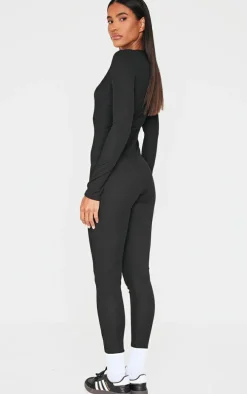 Black Ribbed Long Sleeve Scoop Neck Jumpsuit