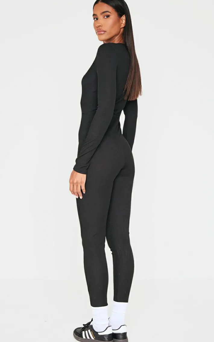Black Ribbed Long Sleeve Scoop Neck Jumpsuit