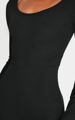 Black Ribbed Long Sleeve Scoop Neck Jumpsuit