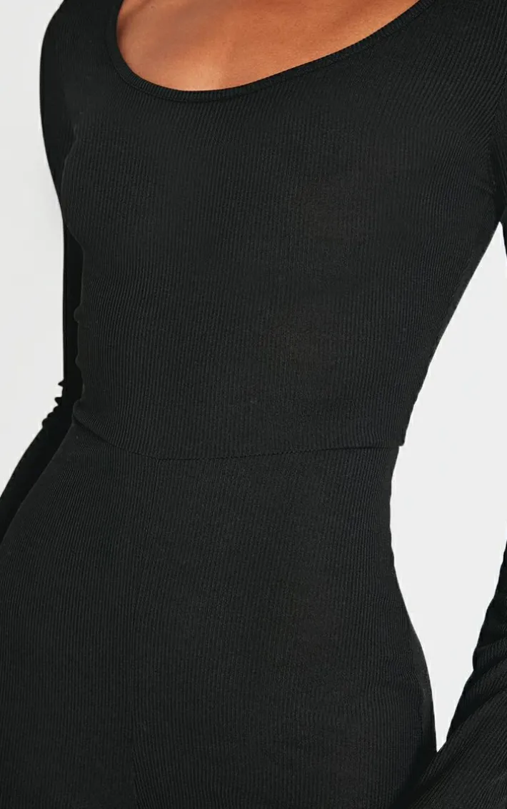 Black Ribbed Long Sleeve Scoop Neck Jumpsuit