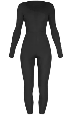 Black Ribbed Long Sleeve Scoop Neck Jumpsuit