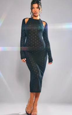 Black Ribbed Long Sleeve Cut Out Midi Dress
