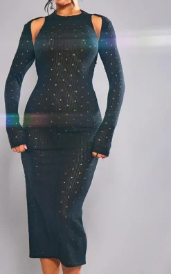 Black Ribbed Long Sleeve Cut Out Midi Dress
