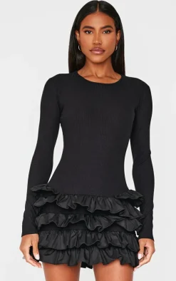 Black Ribbed Long Sleeve Frill Mini Dress