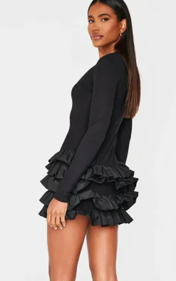 Black Ribbed Long Sleeve Frill Mini Dress