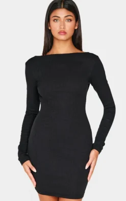 Black Ribbed Low Back Long Sleeve Bodycon Dress