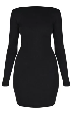 Black Ribbed Low Back Long Sleeve Bodycon Dress