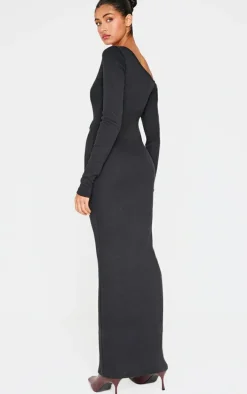 Black Ribbed One Shoulder Long Sleeve Maxi Dress