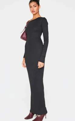 Black Ribbed One Shoulder Long Sleeve Maxi Dress