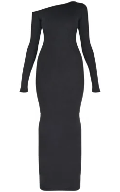 Black Ribbed One Shoulder Long Sleeve Maxi Dress