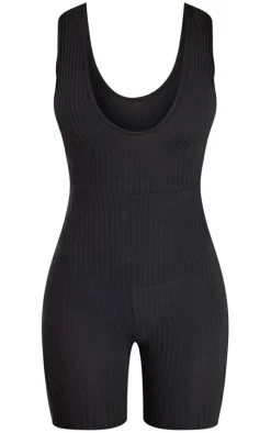 Black Ribbed Plunge Sleeveless Unitard