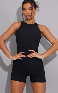 Black Ribbed Racer Neck Unitard