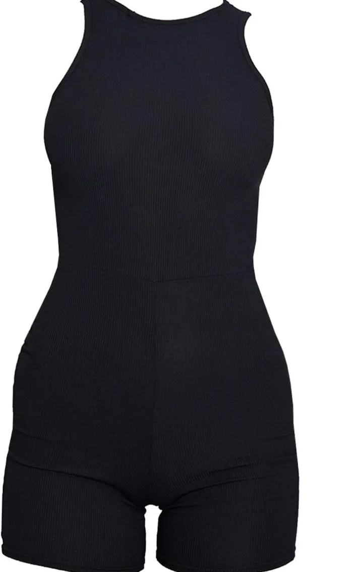 Black Ribbed Racer Neck Unitard