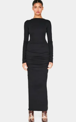 Black Ribbed Ruched Detail Long Sleeve Maxi Dress