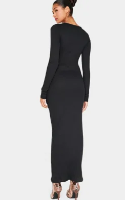 Black Ribbed Ruched Detail Long Sleeve Maxi Dress